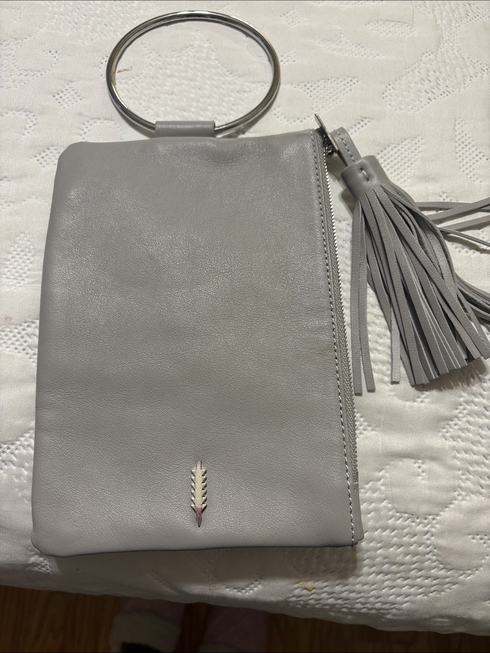THACKER Leather Gray Wristlet Clutch with Tassel -